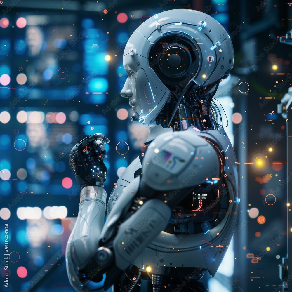 Futuristic Robot in a High-Tech Environment with Digital Interface Futuristic Robot in a High-Tech Environment with Digital Interface