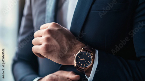 A man in a suit is wearing a watch and is looking at it