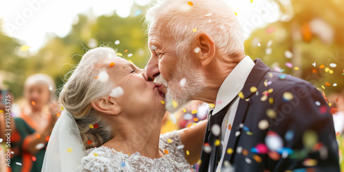 Lovely senior couple renewing their vows at their wedding day. Elderly married couple kissing on a backdrop of confetti and their guests.