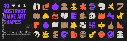 Collection of various hand drawn bizarre abstract geometric unusual shapes, forms in matisse art style, Childish freehand aesthetic, Vector naive doodle primitive object and graphic elements, set 4