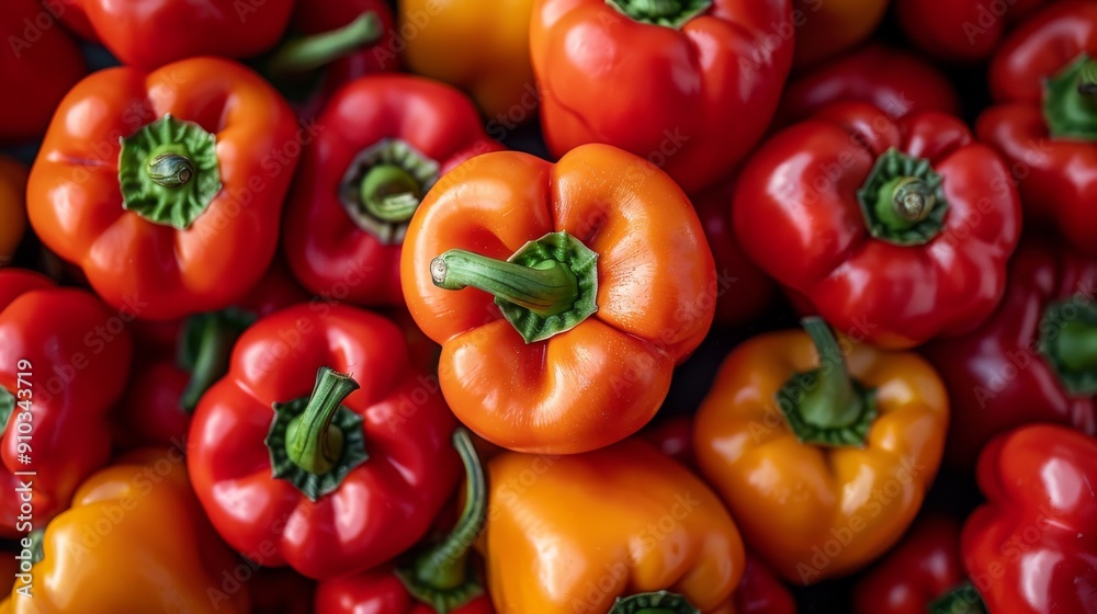 A bunch of red and orange peppers are piled on top of each other A bunch of red and orange peppers are piled on top of each other
