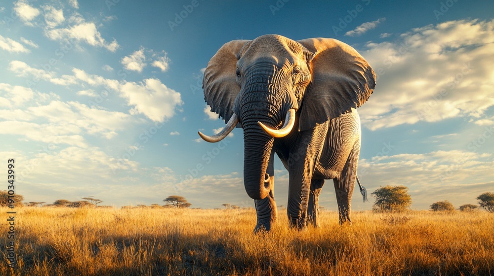 Obraz premium African elephant standing in a sunlit savannah, showcasing its enormous tusks.