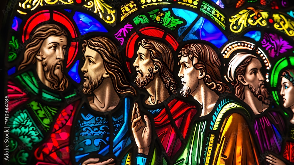 Stained glass window depicting a biblical scene, vibrant colors and intricate details, traditional and spiritual Stained glass window depicting a biblical scene, vibrant colors and intricate details, traditional and spiritual