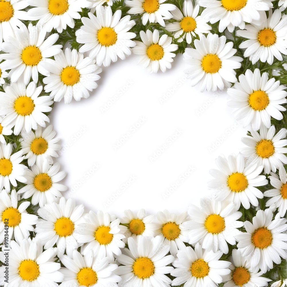 Fototapeta premium Chamomile flowers collection on white. Set of colorful Chamomile or Daisy flowers background, top view. Floral pattern.