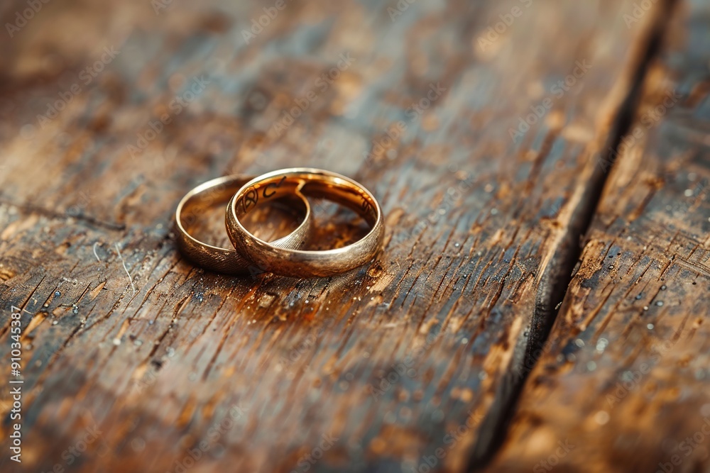Golden wedding rings on rustic wooden surface Golden wedding rings on rustic wooden surface