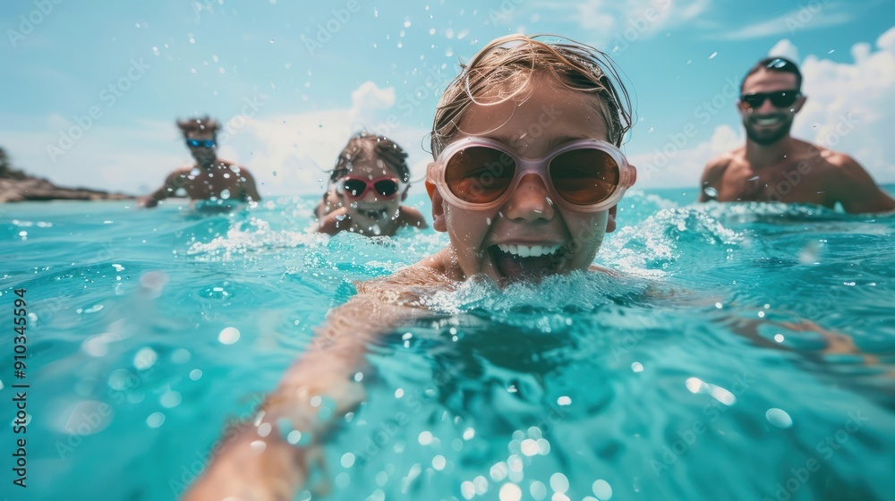 Fototapeta premium Happy family swimming in the sea with water splashing and laughing, family holiday in the water