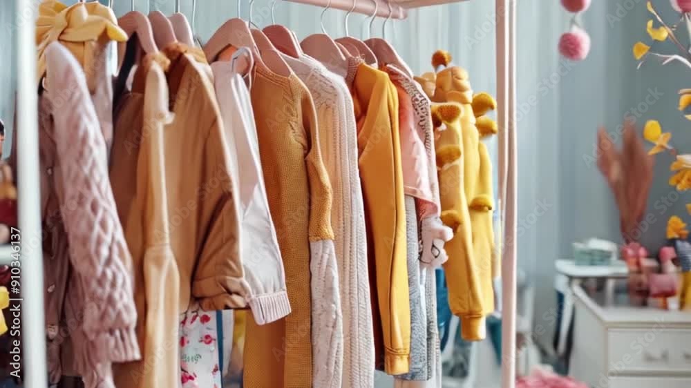 a pastel-colored autumn children's wardrobe with a variety of neatly hung clothes in soft, warm tones