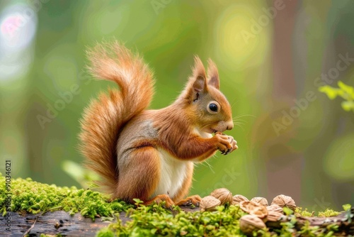 Sciurus vulgaris - Eichhörnchen mit einer Haselnuß. Beautiful simple AI generated image in 4K, unique.