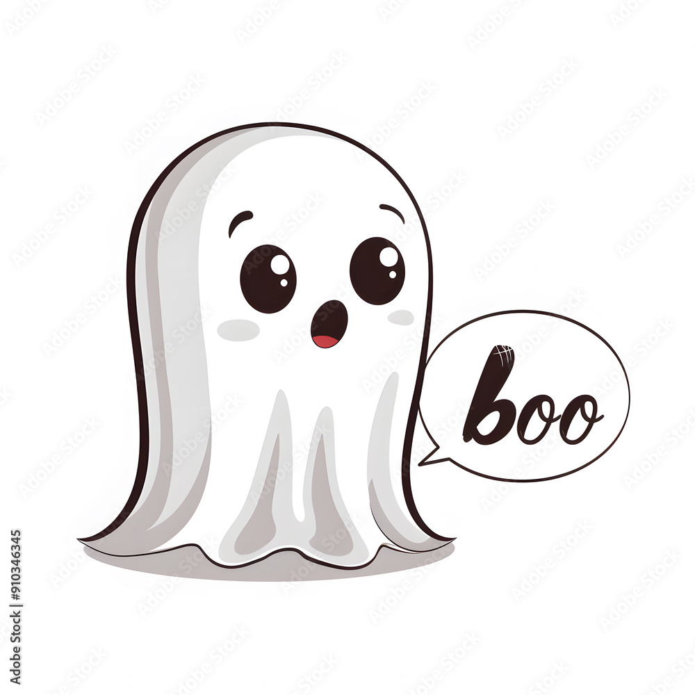 Obraz premium Cute Cartoon Ghost Expressing Surprise While Saying Boo in a Fun Halloween Theme
