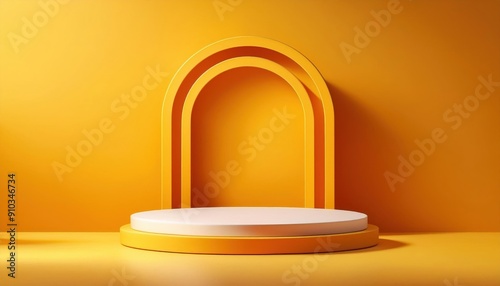 A modern Yellow stage pedestal with a white top, complemented by a stylish arch backdrop in matching orange tones. The vibrant and contemporary design is perfect for showcasing products, events