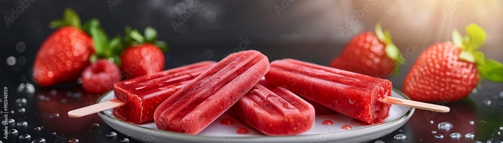 Juicy red popsicles made from fresh berries, served on a stylish glass platter, with droplets of condensation and a touch of summer sunlight 8K , high-resolution, ultra HD,up32K HD
