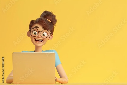 cartoob character of a woman with glasses and a t-shirt, smiling while working on her laptop against a plain yellow background photo