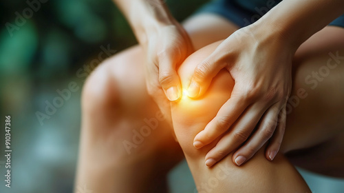Obraz na płótnie Man holding his knee in pain on white background, with the area of inflammation highlighted in red, emphasizing the joint disease w salonie