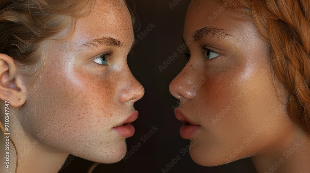 Side by side profile portrait showcasing the beauty and diversity of two young women with clear skin Side by side profile portrait showcasing the beauty and diversity of two young women with clear skin