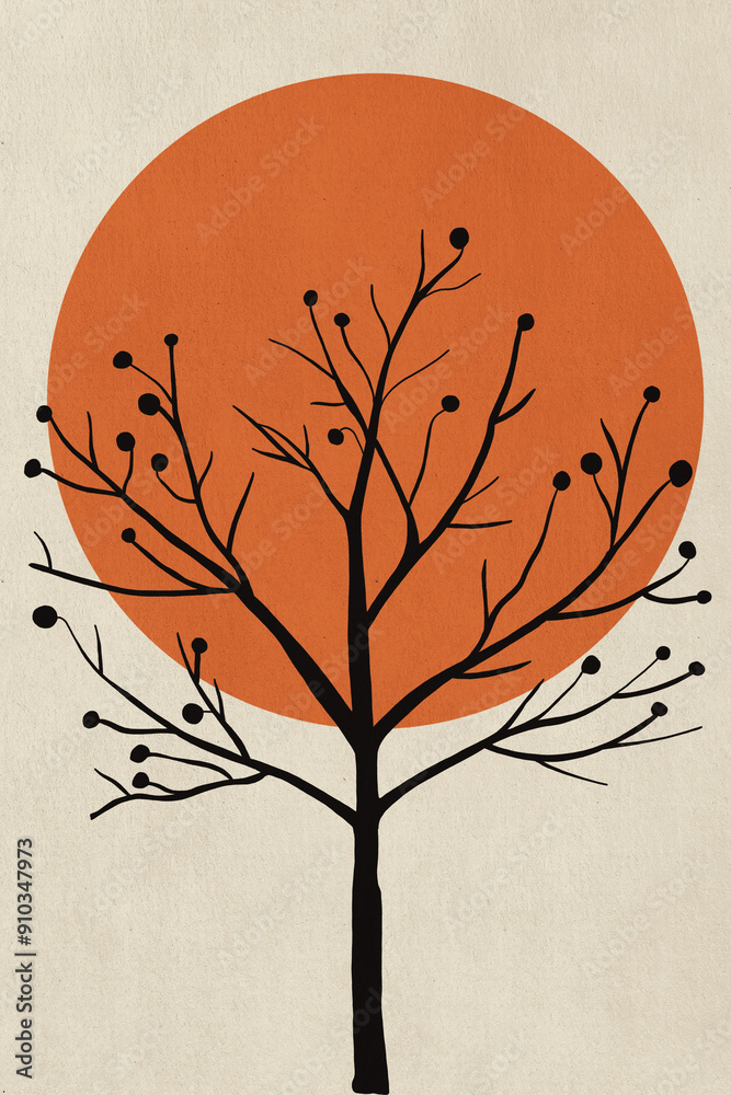 © ADDICTIVE STOCK - Bare tree silhouette growing in front of big orange sun © ADDICTIVE STOCK - Bare tree silhouette growing in front of big orange sun