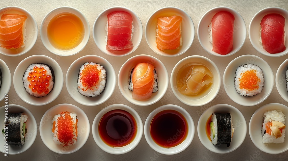 Variety of delicious nigiri, maki and sashimi being served on a white table Variety of delicious nigiri, maki and sashimi being served on a white table