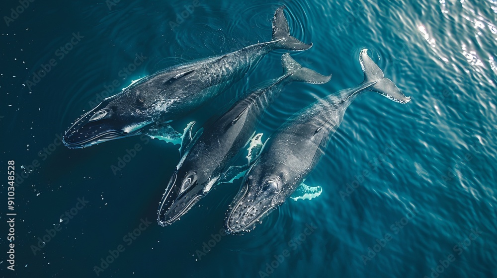 Fototapeta premium Three humpback whales swimming on ocean surface
