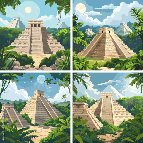 Regal aged pyramid lush rainforest cartoon vector scenes. Boulder aztec maya rock remnants tropical greenery archaeology historical setting legacy mysterious building lively artworks
