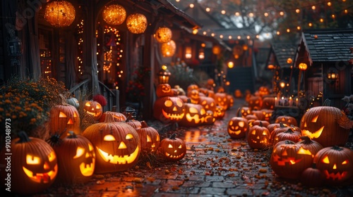 Halloween pumpkins illuminating village street at twilight