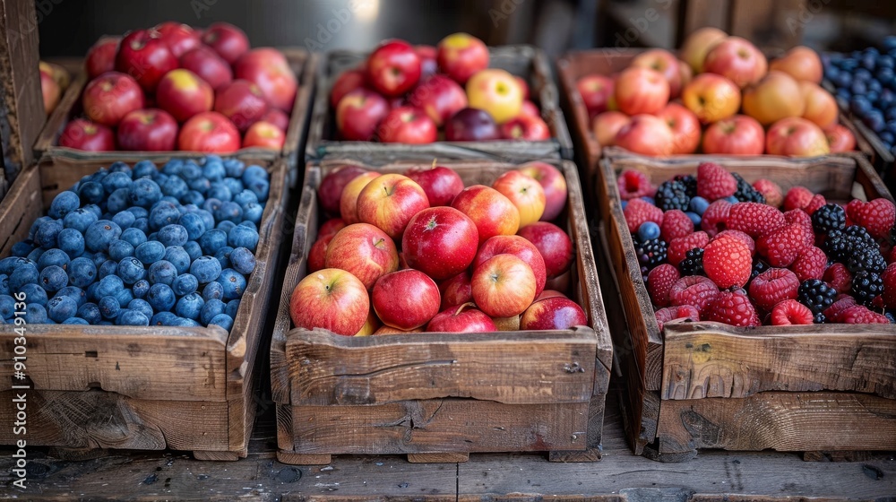 Freshly picked apples, blueberries and raspberries overflowing in wooden crates Freshly picked apples, blueberries and raspberries overflowing in wooden crates