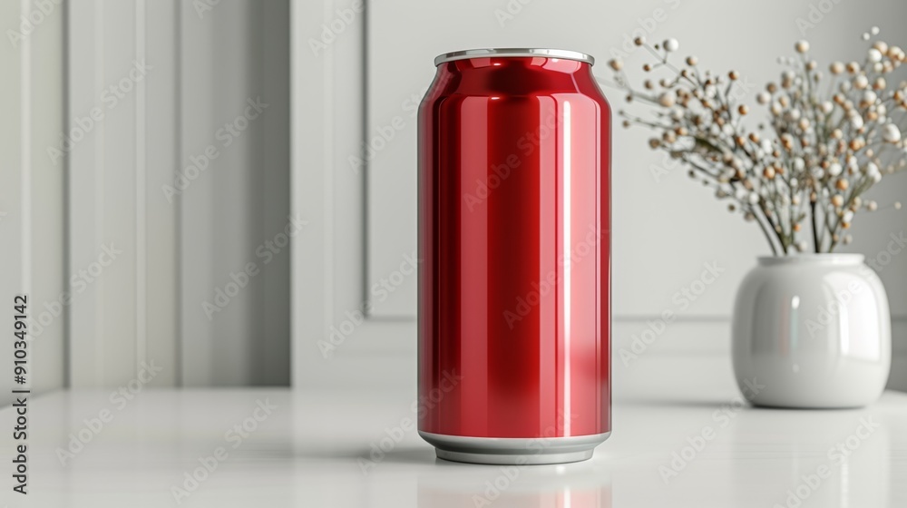 Red aluminum can standing on white table with flower decoration Red aluminum can standing on white table with flower decoration