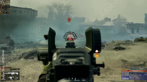 FPS shooting game. First-person shooter. war, aiming, fight, realistic, soldier, past, violence, hiding, graphics, player, excitement, motion, shooting, military, cyberspace, display, enjoyment