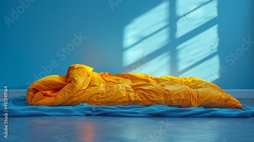 Yellow sleeping bag laying on blue blanket in room with blue wall