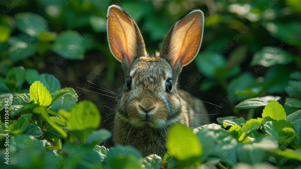 Wild rabbit hiding and peeking in green foliage Wild rabbit hiding and peeking in green foliage