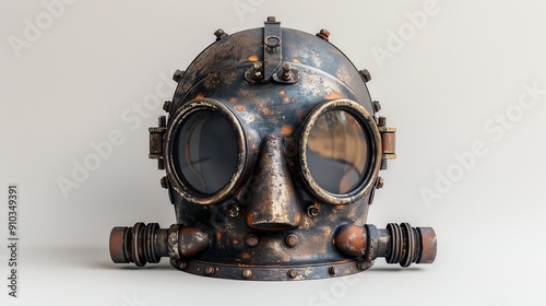 Antique diving helmet resting on a neutral background