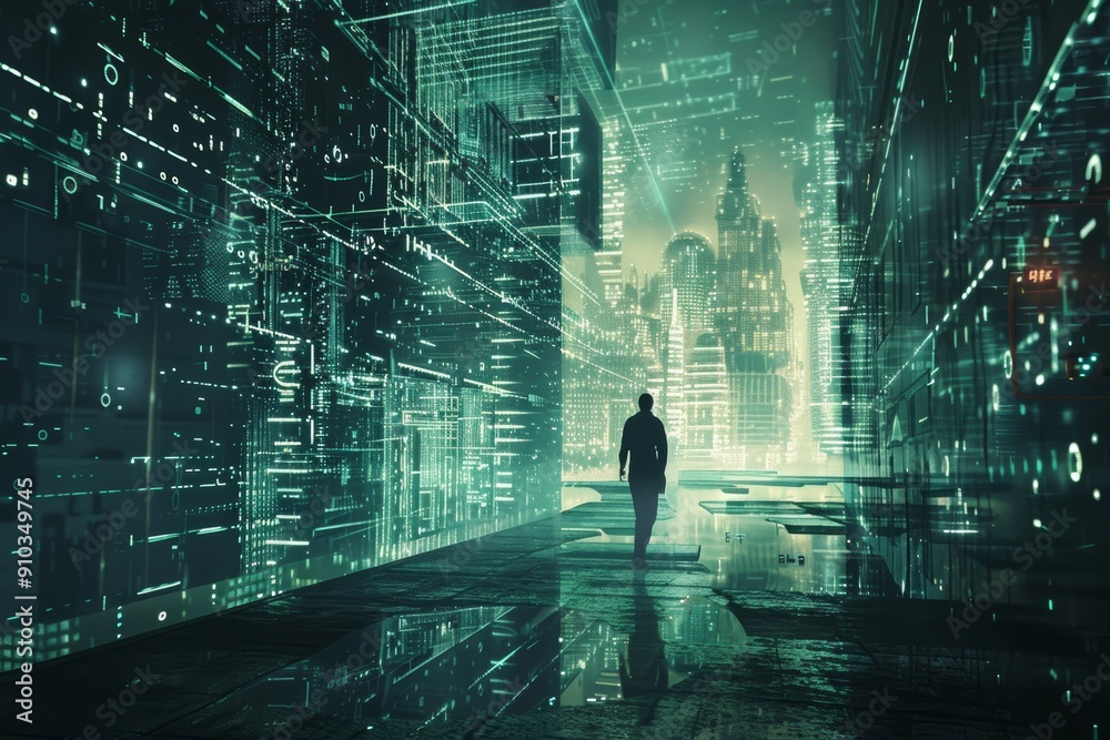 Surreal interpretation of cybersecurity in a futuristic setting.