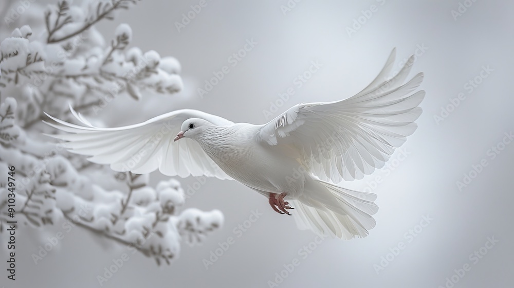 Obraz premium White dove flying in snowy landscape symbolizing peace and hope
