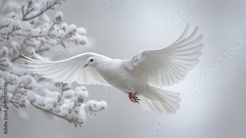 White dove flying in snowy landscape symbolizing peace and hope