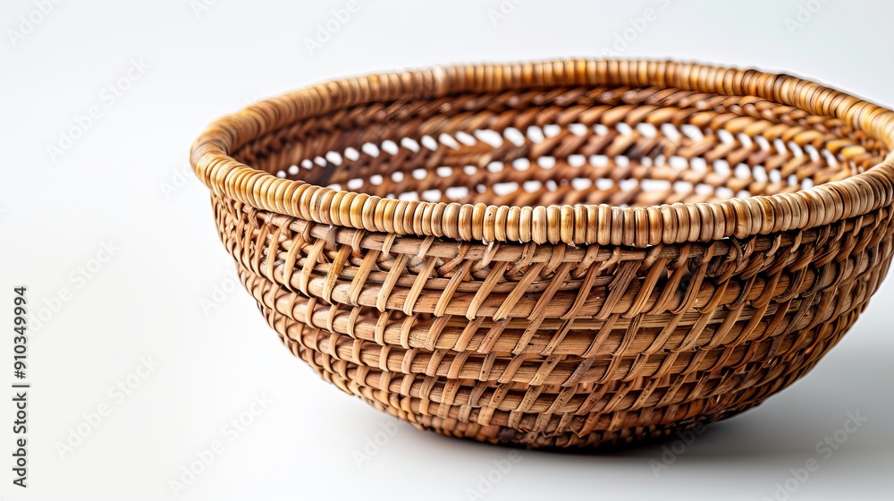 Empty round wicker basket standing on white background Empty round wicker basket standing on white background