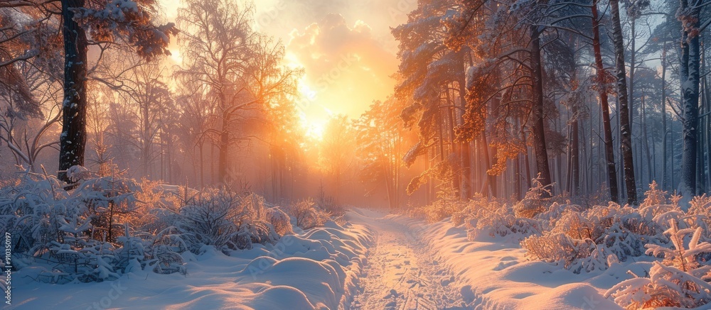 Naklejka premium Sunrise in the snowy forest