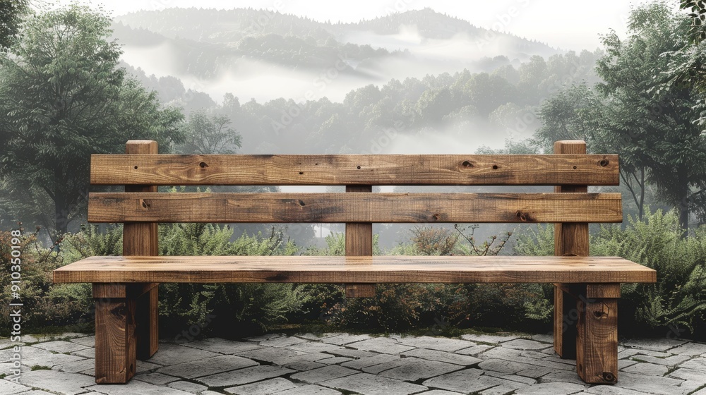 Fototapeta premium Empty wooden bench overlooking a misty forest valley