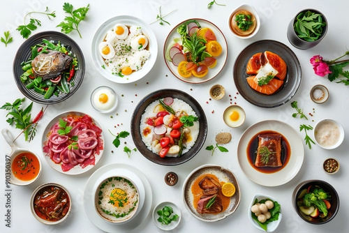 Wallpaper Mural Exquisite Gourmet Meal with Assorted Dishes: Fresh Vegetables, Meat, and Herbs for a Delicious and Nutritious Dining Experience Copyspace Torontodigital.ca