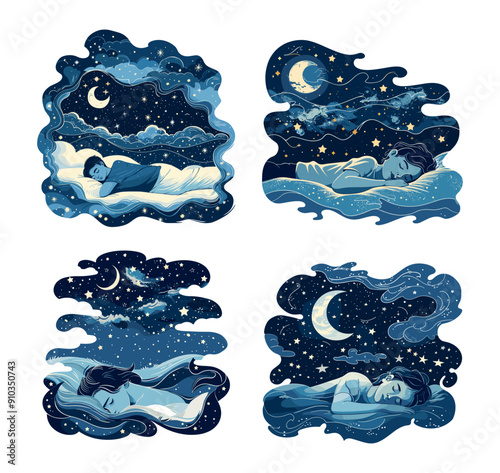 Restorative deep sleep cartoon vector scenes. Sleeping child boy clouds pillow stars good night dreaming relax rest comfort peace calm illustration isolated on white background.