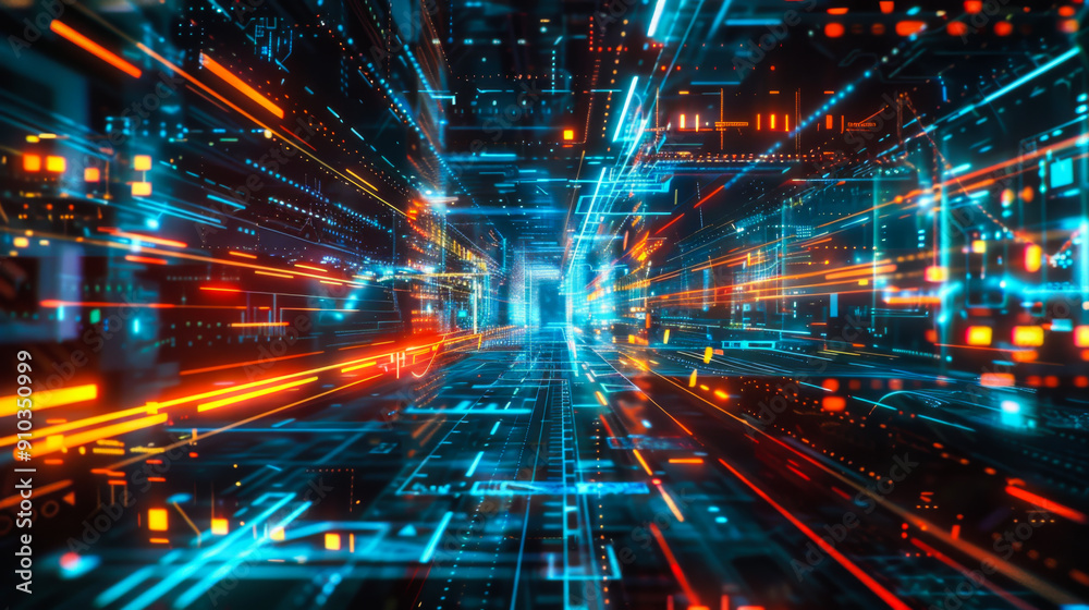 A computer generated image of a city street with a bright blue sky. The street is filled with neon lights and the buildings are tall and colorful. Scene is futuristic and energetic. A computer generated image of a city street with a bright blue sky. The street is filled with neon lights and the buildings are tall and colorful. Scene is futuristic and energetic.