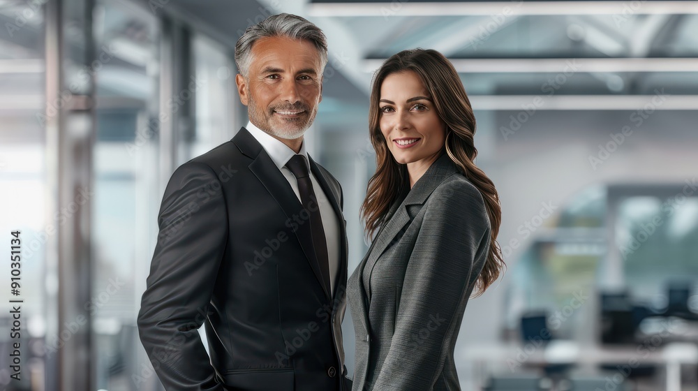 Happy confident professional mature business man and business woman corporate leaders managers standing in office, two diverse colleagues executives team posing together, portrait Happy confident professional mature business man and business woman corporate leaders managers standing in office, two diverse colleagues executives team posing together, portrait