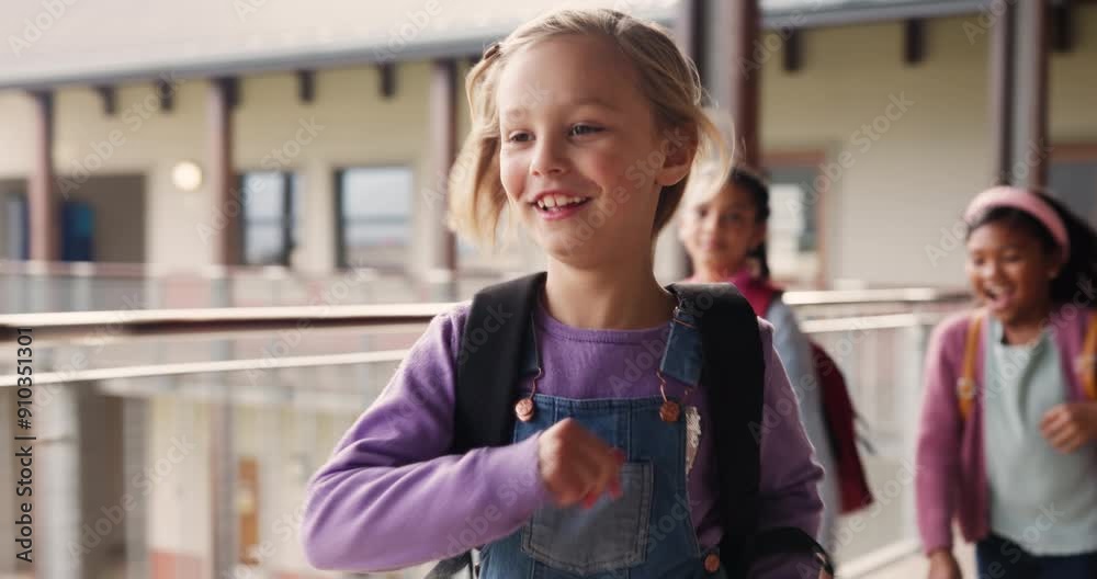 Happy girl, student and friends running with bags for recess, break or home time at primary school. Young children, kids or elementary learners with smile for class dismissal, done or completion Happy girl, student and friends running with bags for recess, break or home time at primary school. Young children, kids or elementary learners with smile for class dismissal, done or completion