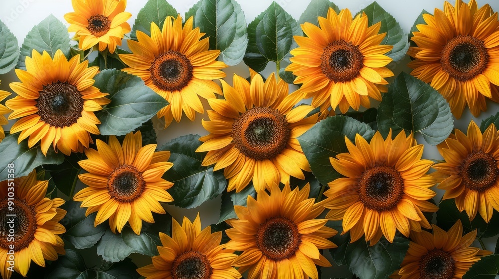 Sunflowers pattern blooming with yellow petals and green leaves Sunflowers pattern blooming with yellow petals and green leaves