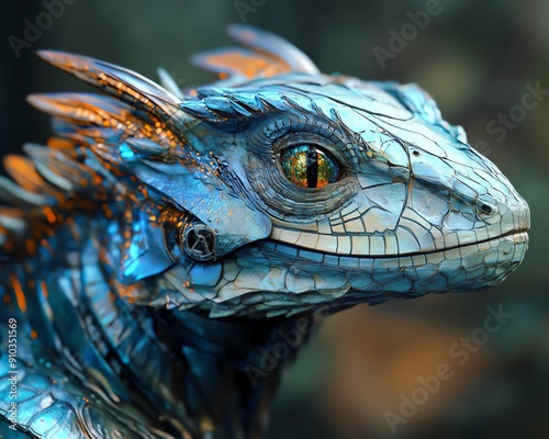 Digital artwork of a blue, metallic, fantasy dragon with intricate details and glowing eyes, set against a blurred background.