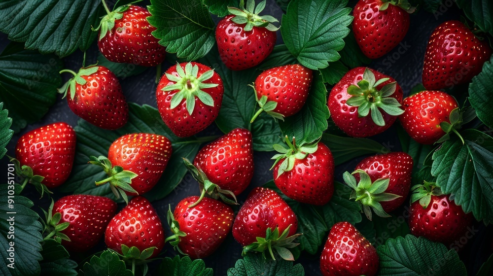 Freshly picked strawberries lying on table Freshly picked strawberries lying on table