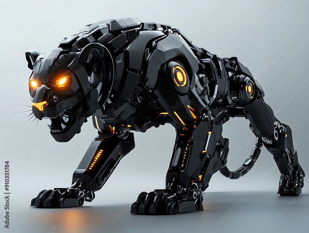 Futuristic black robotic panther with glowing orange eyes, showcasing advanced technology and sleek mechanical design on a gray background. Futuristic black robotic panther with glowing orange eyes, showcasing advanced technology and sleek mechanical design on a gray background.