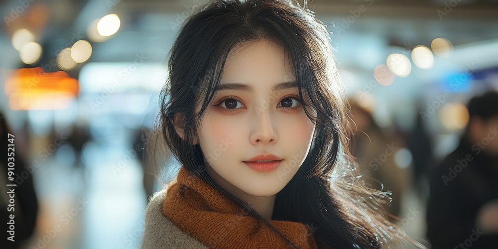 Obraz premium Confident Chinese Beauty in Wool Coat Turning at Station - Cinematic Portrait of Radiant Woman with Long Black Hair, Sunlit Face Close-up for Fashion and Urban Lifestyle Advertising, AI-Generated 4K W