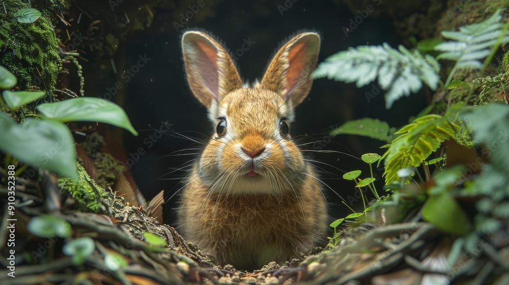 Fototapeta premium Wild rabbit emerging from its burrow in the forest