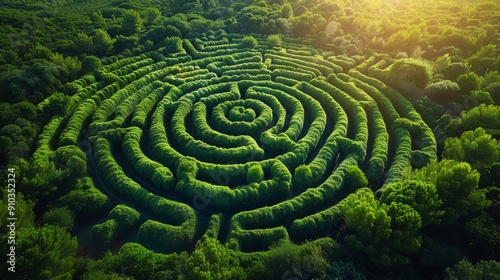 Large overgrown green hedge maze labyrinth in summertime at sunset