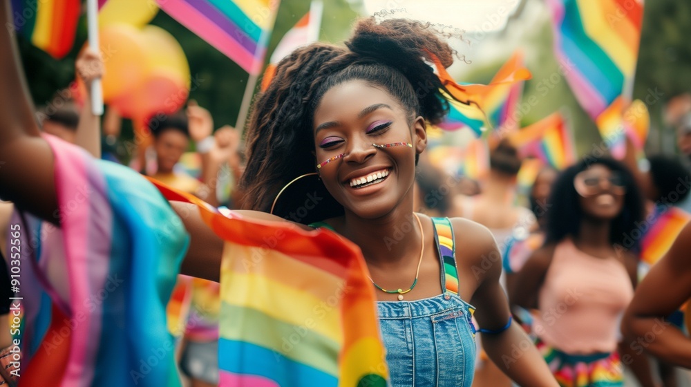 Portrait of young people rallying for LGBTQ+ rights at a Pride month parade with diversity and rainbow flags