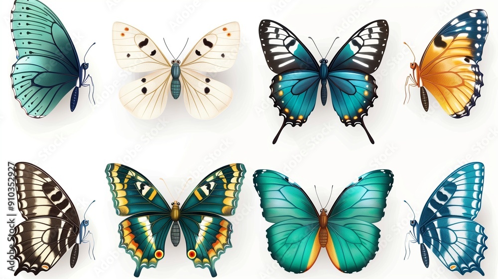 set of beautiful blue green yellowbutterflys isolated on white or transparent png set of beautiful blue green yellowbutterflys isolated on white or transparent png