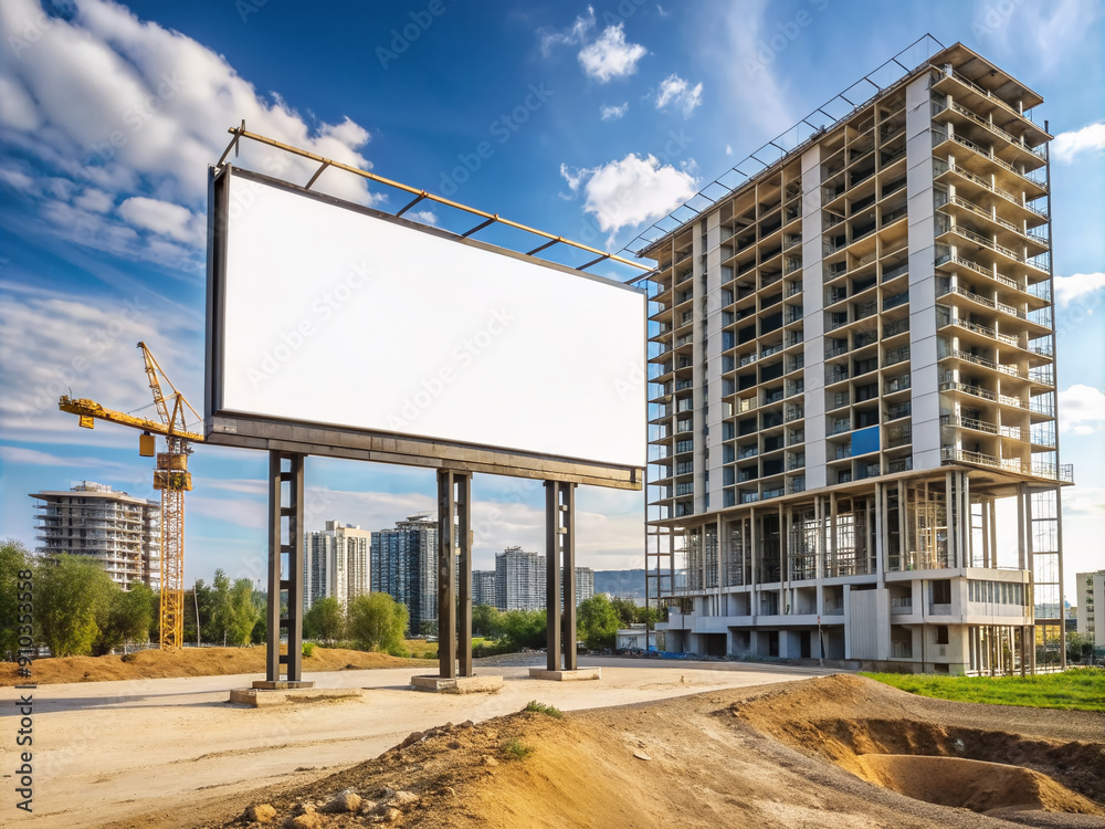 Obraz premium Empty billboard stands on a construction site adjacent to an unfinished building, providing ample copy space for text or design, surrounded by urban development.